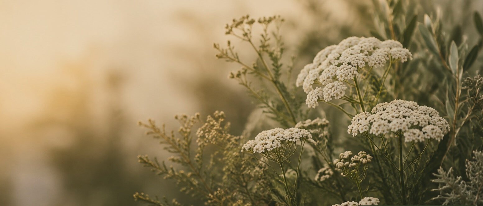 Weiße Blüten im Abendlicht, KI-generiert