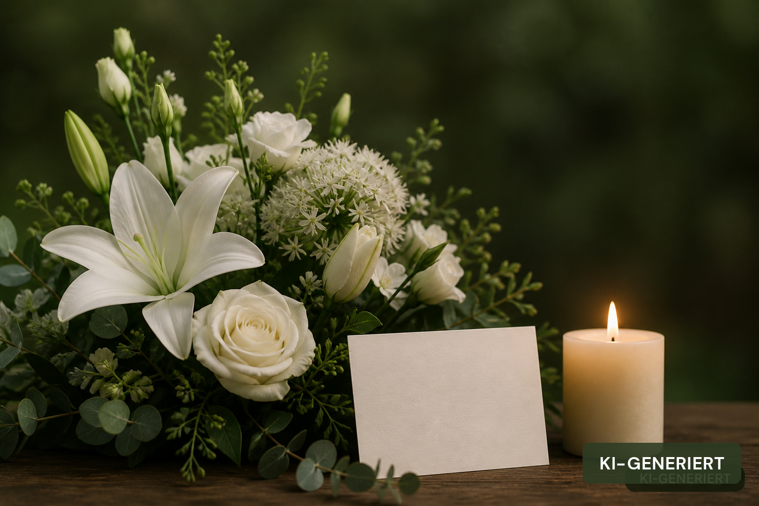 Blumen und Kerzen bei einer persönlichen Trauerfeier, KI-generiert